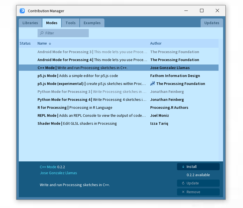 Contribution Manager showing C++ Mode